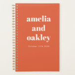 Bold Minimalist Bright Orange Retro Custom Wedding Planner<br><div class="desc">Stay organised while planning your big day with this Personalised Wedding Planner. Featuring a modern minimalist design in bright orange sunset with bold typography, this spiral-bound notebook is perfect for jotting down ideas, timelines, and to-do lists. With customisable names and date details, it makes a thoughtful engagement gift for newlyweds-to-be....</div>