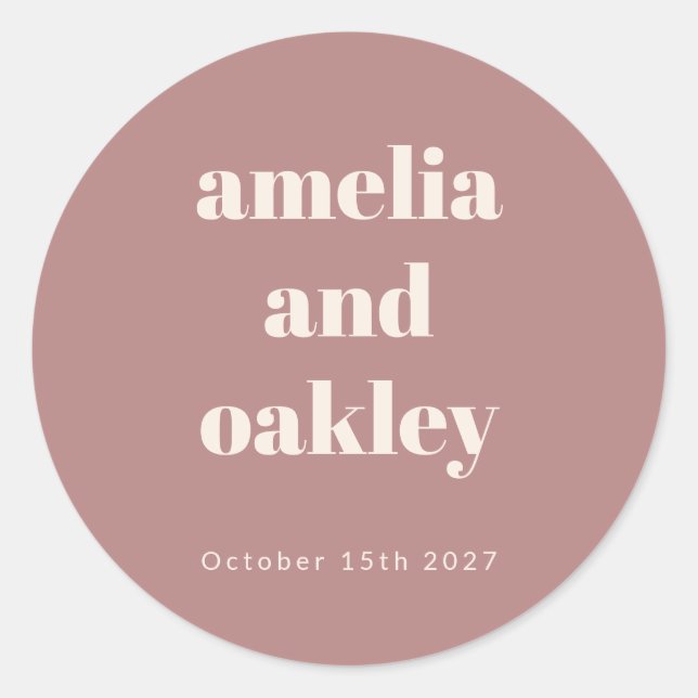 Bold Minimalist Dusty Rose Retro Custom Wedding Classic Round Sticker (Front)