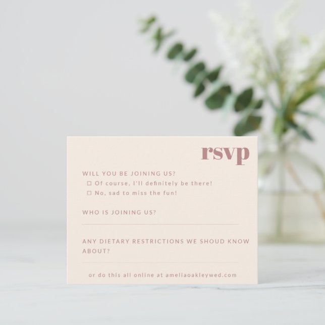 Bold Minimalist Dusty Rose Retro Custom Wedding RSVP Card (Standing Front)
