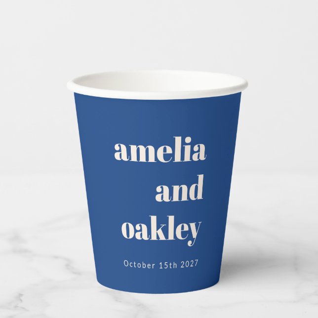 Bold Minimalist French Blue Retro Custom Wedding Paper Cups (Front)