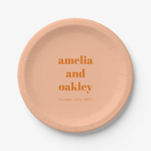 Bold Minimalist Peach Orange Retro Custom Wedding Paper Plate