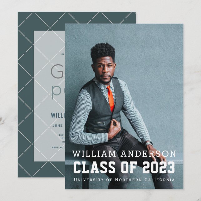 Bold Minimalist Photo Navy Blue Graduation Party Invitation (Front/Back)