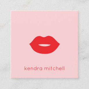 Bold Minimalist Red Lips Logo Makeup Artist Pink Square Business Card
