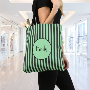 Bold Mint Green & Black Stripe Personalized Tote Bag