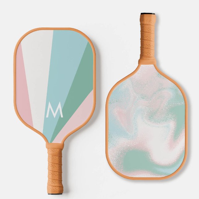 Bold Mint Pink Sorbet Monogram Modern Personalised Pickleball Paddle (personalized pickleball paddle monogram bold mint green mauve purple pink custom sports gift for her)