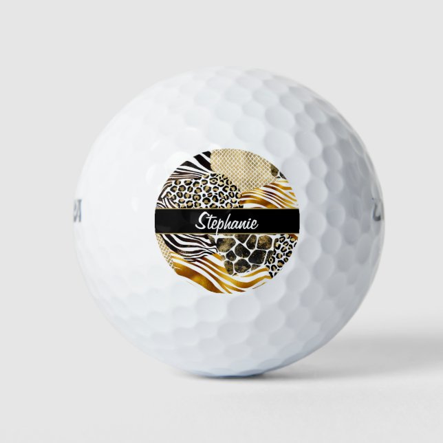 Bold Mixed Animal Prints with Gold Accents Name Golf Balls (Front)