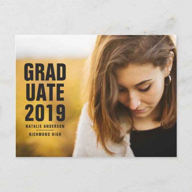 Bold modern 2019 graduate invitation postcard (Front)