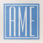 Bold Modern 3 Initials Monogram | Soft Blue Jigsaw Puzzle<br><div class="desc">White text & white frame on sky blue (or chose your own colour).</div>