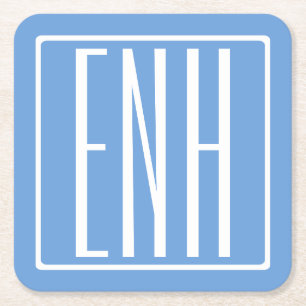 Bold Modern 3 Initials Monogram   Soft Blue Square Paper Coaster