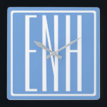 Bold Modern 3 Initials Monogram | Soft Blue Square Wall Clock<br><div class="desc">White text & white frame on sky blue (or chose your own colour).</div>
