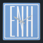 Bold Modern 3 Initials Monogram | Soft Blue Square Wall Clock<br><div class="desc">White text & white frame on sky blue (or chose your own colour).</div>
