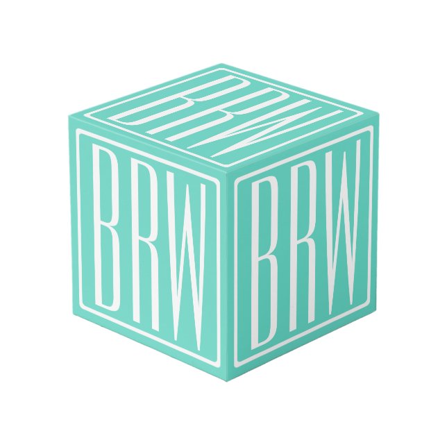 Bold Modern 3 Initials Monogram | White On Aqua Cube (Front Angled)