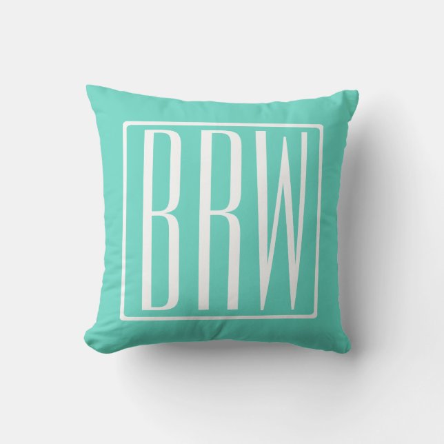 Bold Modern 3 Initials Monogram | White On Aqua Cushion (Front)