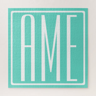 Bold Modern 3 Initials Monogram White On Aqua Jigsaw Puzzle