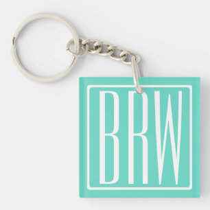 Bold Modern 3 Initials Monogram White On Aqua Key Ring