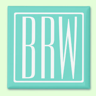 Bold Modern 3 Initials Monogram   White On Aqua Magnet