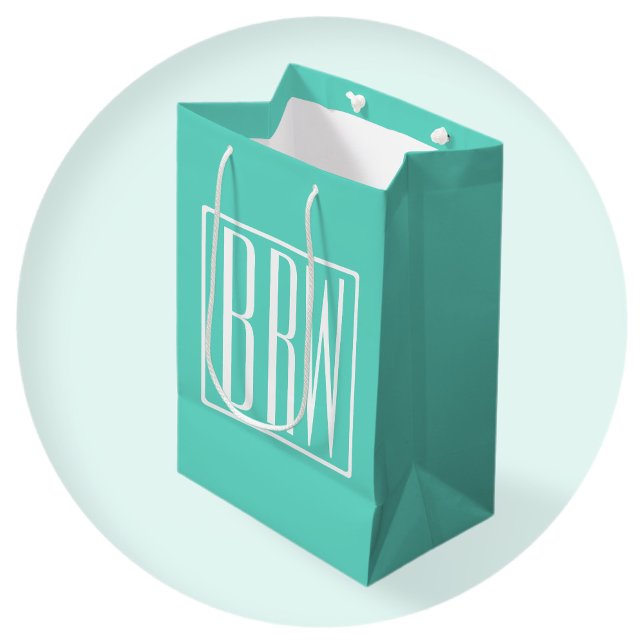 Bold Modern 3 Initials Monogram | White On Aqua Medium Gift Bag (Creator Uploaded)