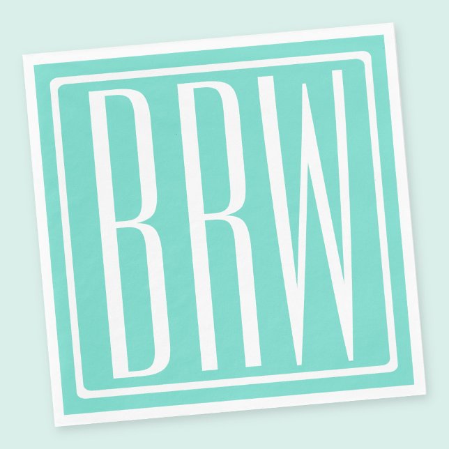 Bold Modern 3 Initials Monogram | White On Aqua Napkin (Creator Uploaded)