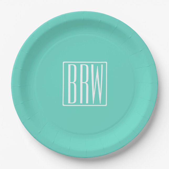 Bold Modern 3 Initials Monogram | White On Aqua Paper Plate (Front)
