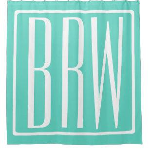 Bold Modern 3 Initials Monogram White On Aqua Shower Curtain