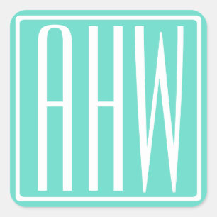 Bold Modern 3 Initials Monogram White On Aqua Square Sticker
