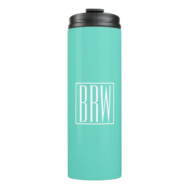 Bold Modern 3 Initials Monogram | White On Aqua Thermal Tumbler (Front)