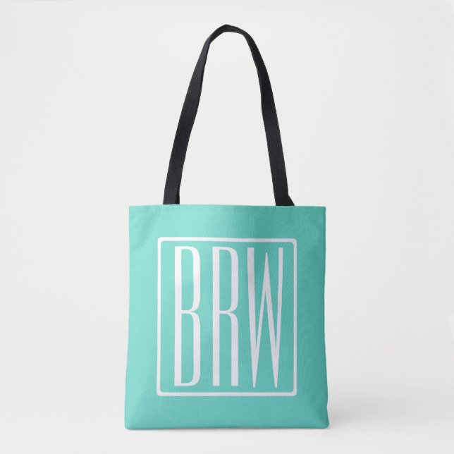 Bold Modern 3 Initials Monogram | White On Aqua Tote Bag (Front)