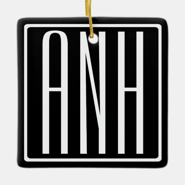 Bold Modern 3 Initials Monogram | White On Black Ceramic Tree Decoration (Front)