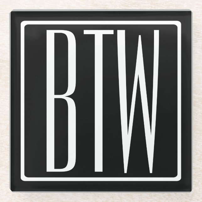 Bold Modern 3 Initials Monogram | White On Black Glass Coaster (Front)