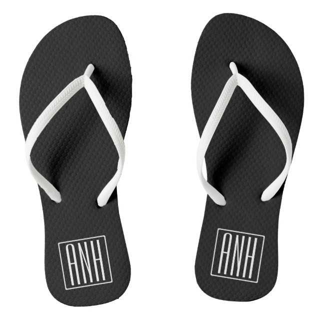 Bold Modern 3 Initials Monogram | White On Black Jandals (Footbed)