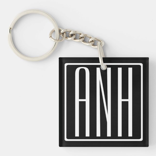 Bold Modern 3 Initials Monogram | White On Black Key Ring (Front)