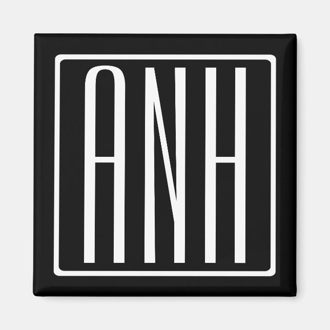 Bold Modern 3 Initials Monogram | White On Black Magnet (Front)