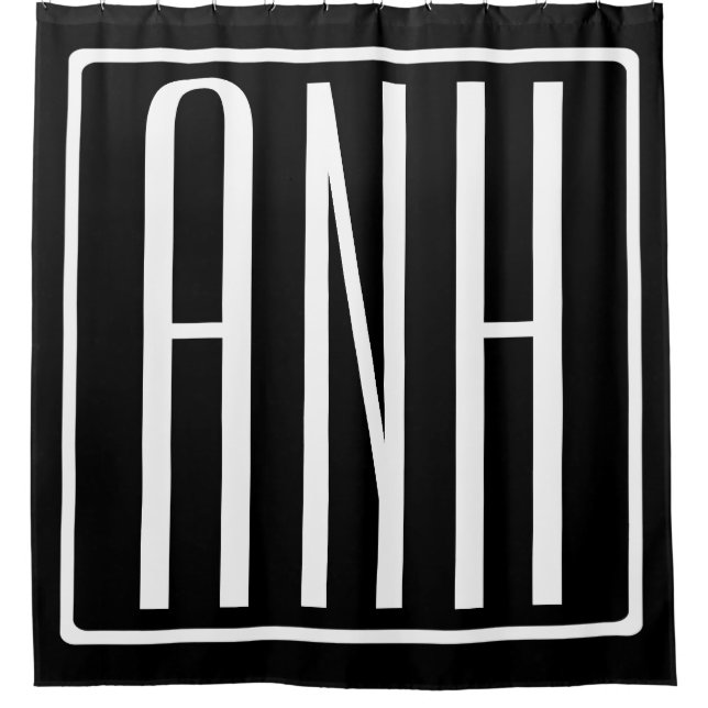 Bold Modern 3 Initials Monogram | White On Black Shower Curtain (Front)