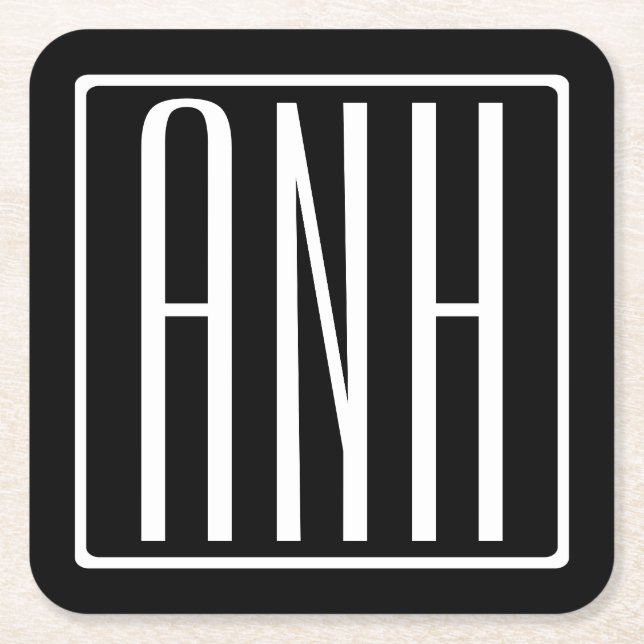 Bold Modern 3 Initials Monogram | White On Black Square Paper Coaster (Front)
