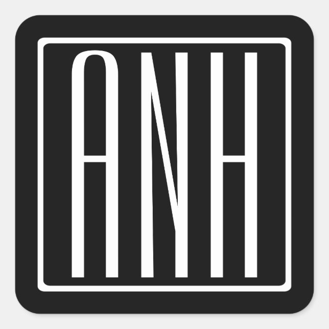 Bold Modern 3 Initials Monogram | White On Black Square Sticker (Front)