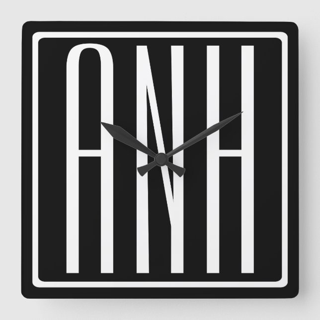 Bold Modern 3 Initials Monogram | White On Black Square Wall Clock (Front)