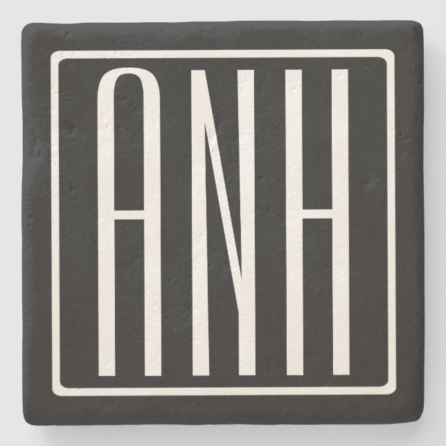 Bold Modern 3 Initials Monogram | White On Black Stone Coaster (Front)