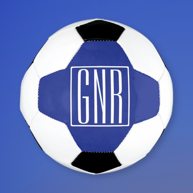 Bold Modern 3 Initials Monogram | White On Blue Soccer Ball (Creator Uploaded)