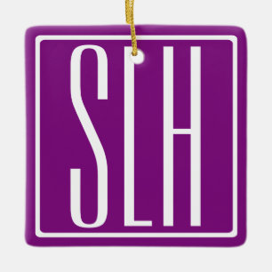 Bold Modern 3 Initials Monogram White & Purple Ceramic Ornament