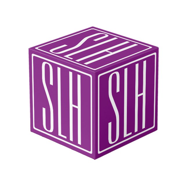 Bold Modern 3 Initials Monogram | White & Purple Cube (Front Angled)