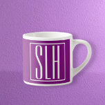 Bold Modern 3 Initials Monogram | White & Purple Espresso Cup<br><div class="desc">White text & white frame on purple (changeable background colour).</div>