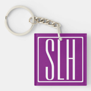 Bold Modern 3 Initials Monogram   White & Purple Key Ring