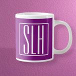 Bold Modern 3 Initials Monogram | White & Purple Large Coffee Mug<br><div class="desc">White text & white frame on purple (changeable background colour).</div>