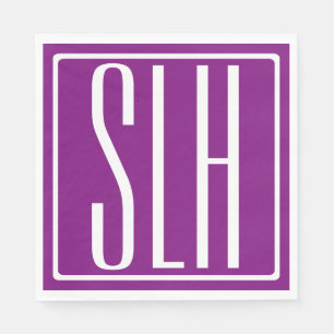 Bold Modern 3 Initials Monogram   White & Purple Napkin