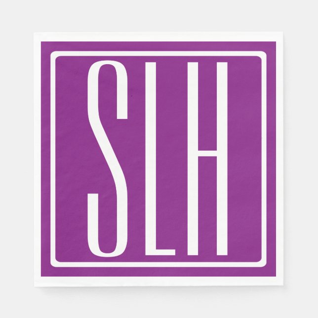 Bold Modern 3 Initials Monogram | White & Purple Napkin (Front)