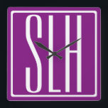 Bold Modern 3 Initials Monogram | White & Purple Square Wall Clock<br><div class="desc">White text & white frame on purple (changeable background colour).</div>