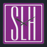 Bold Modern 3 Initials Monogram | White & Purple Square Wall Clock<br><div class="desc">White text & white frame on purple (changeable background colour).</div>