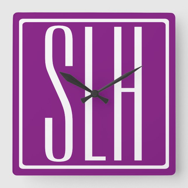 Bold Modern 3 Initials Monogram | White & Purple Square Wall Clock (Front)