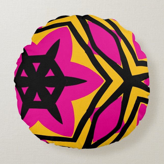 Bold Modern black pink yellow Round Cushion (Front)
