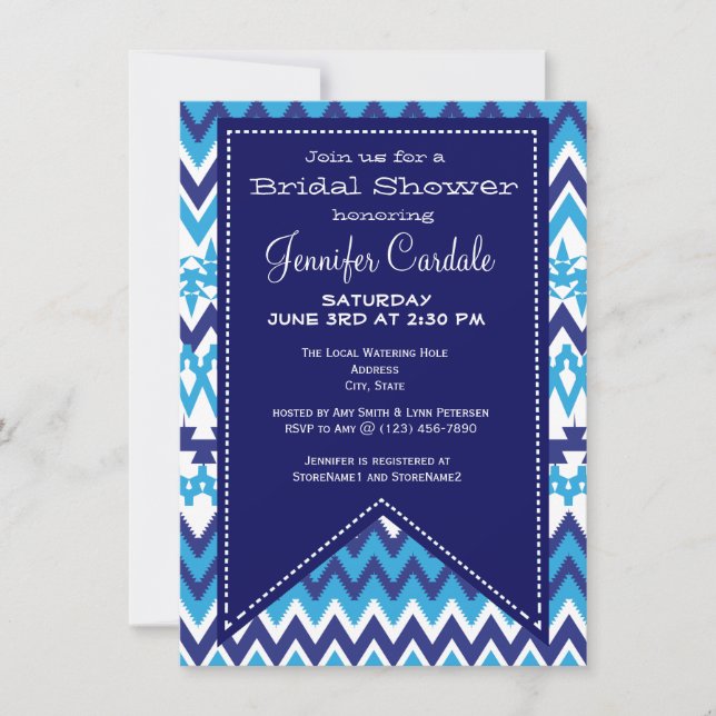 Bold Modern Blue Chevron Bridal Shower Invitations (Front)